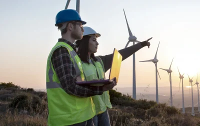 Two environmental planners at a windfarm assessing environmental impact. 