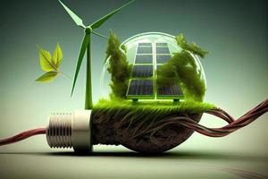 Image of sustainable energy solutions, including wind and solar, with a glass globe and a power cord. 
